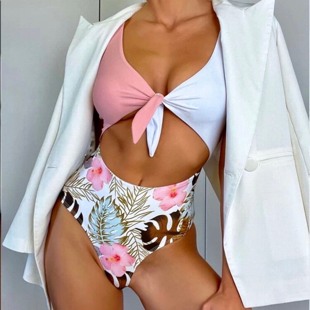 Tropical Cut Out Knot Front One Piece Swimsuit Medium